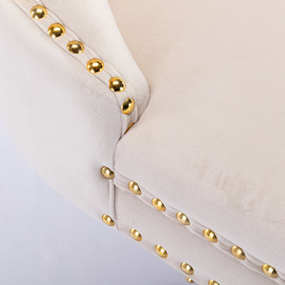 Set of 2 Height Adjustable Upholstered Tufted Velvet Armless Bar Stools with Gold Details- Beige