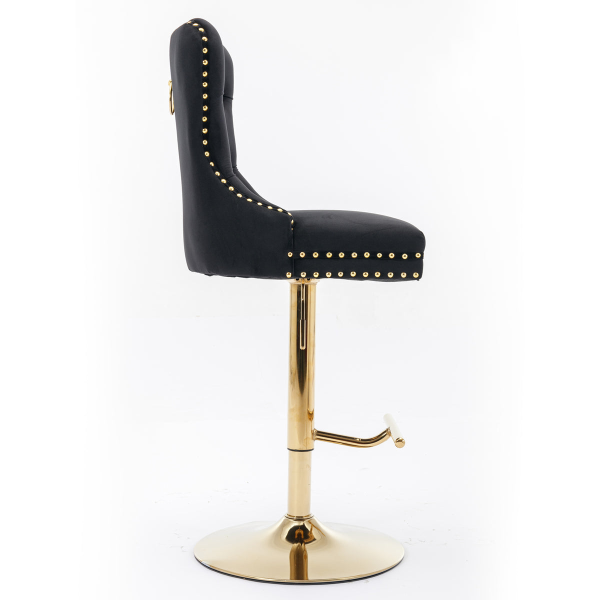 Set of 2 Height Adjustable Upholstered Tufted Velvet Armless Bar Stools with Gold Details- Black