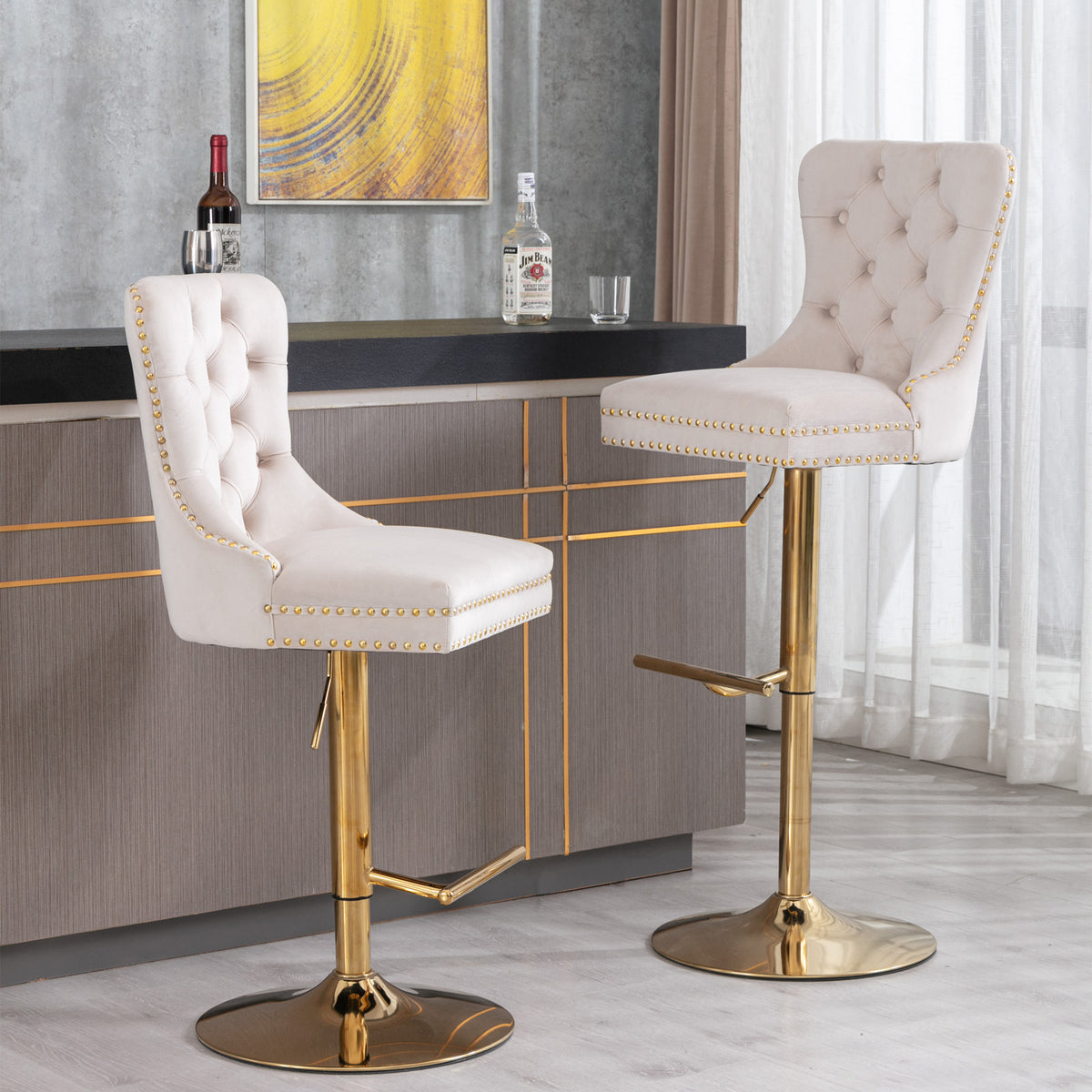 Set of 2 Height Adjustable Upholstered Tufted Velvet Armless Bar Stools with Gold Details- Beige