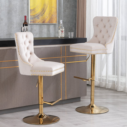 Set of 2 Height Adjustable Upholstered Tufted Velvet Armless Bar Stools with Gold Details- Beige