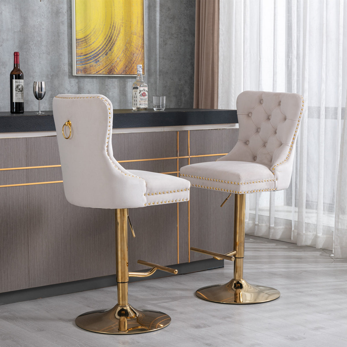 Set of 2 Height Adjustable Upholstered Tufted Velvet Armless Bar Stools with Gold Details- Beige