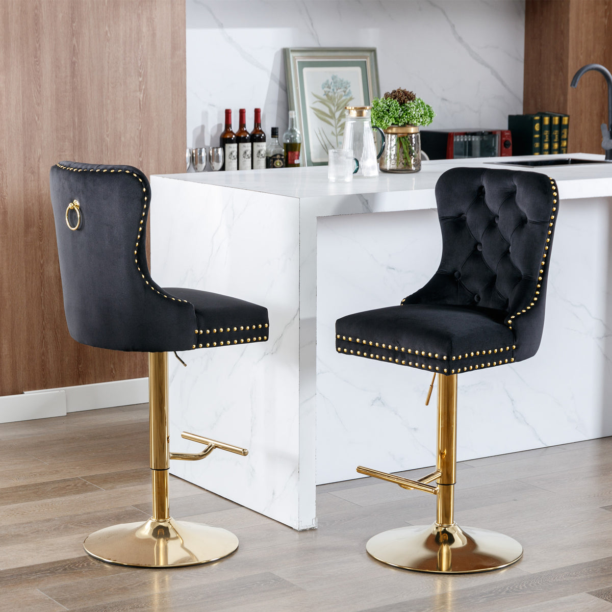 Set of 2 Height Adjustable Upholstered Tufted Velvet Armless Bar Stools with Gold Details- Black