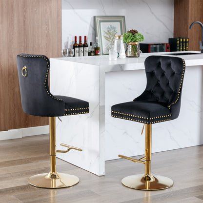 Set of 2 Height Adjustable Upholstered Tufted Velvet Armless Bar Stools with Gold Details- Black