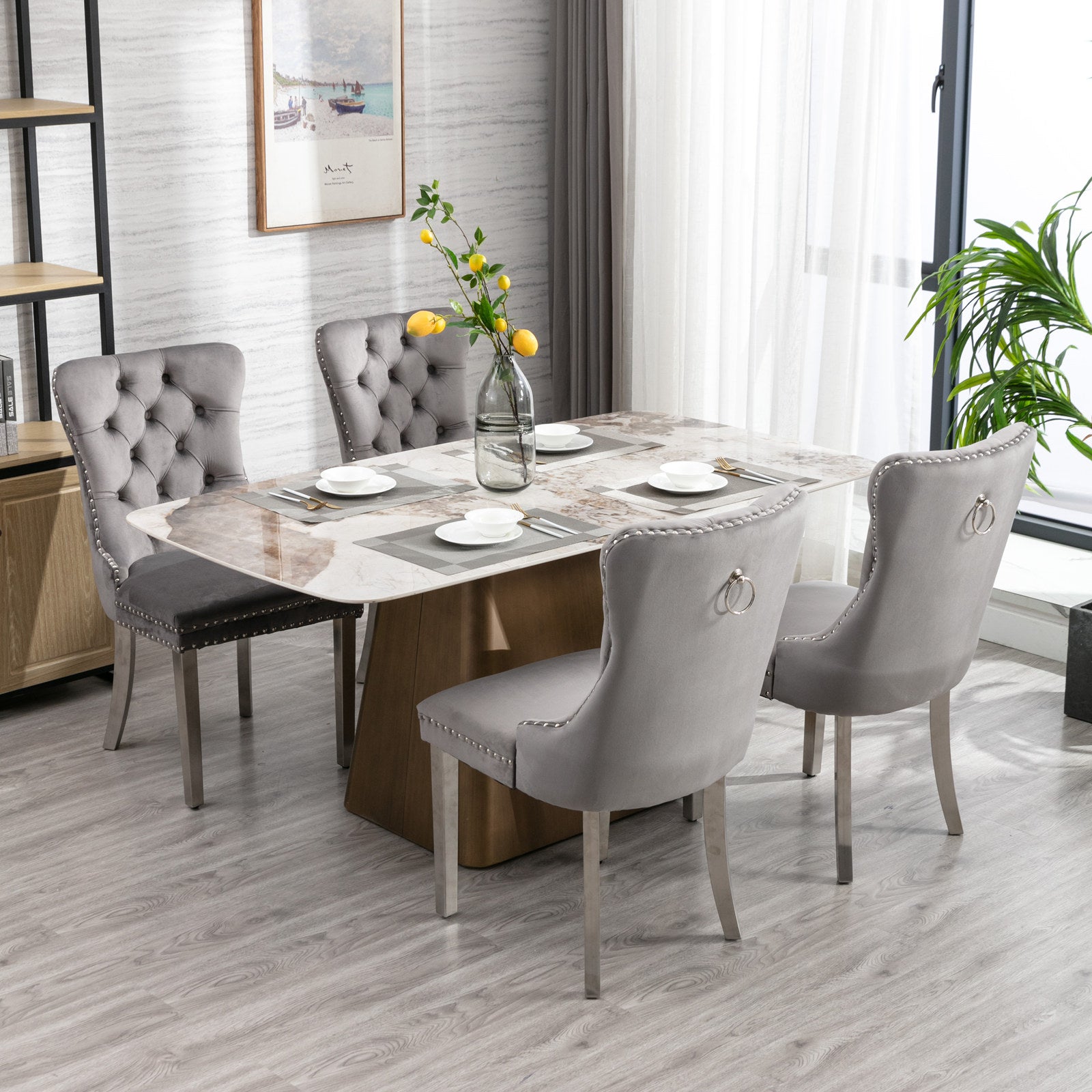 2 pcs High-End Tufted Contemporary Velvet Chair with Chrome Stainless Steel Legs- Green