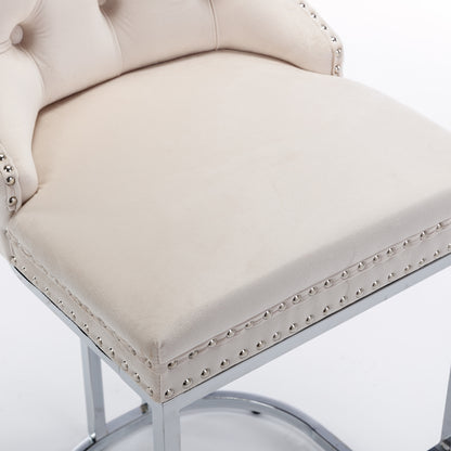Set of 2 Upholstered Tufted Velvet Armless Bar Stools with Chrome Base Legs- Beige