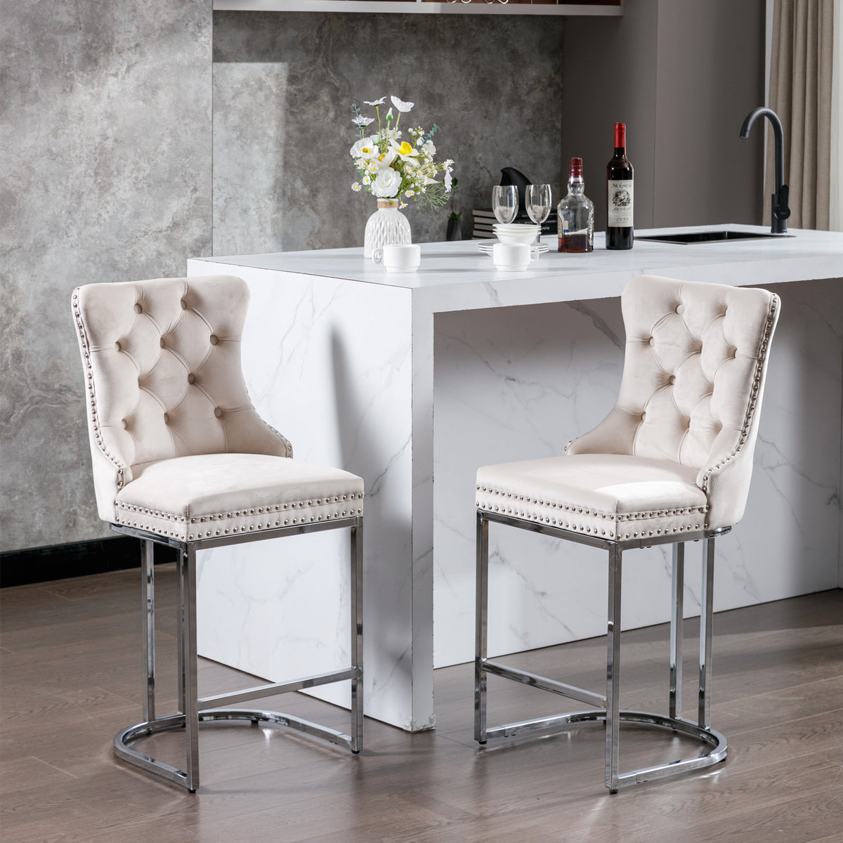 Set of 2 Upholstered Tufted Velvet Armless Bar Stools with Chrome Base Legs- Beige