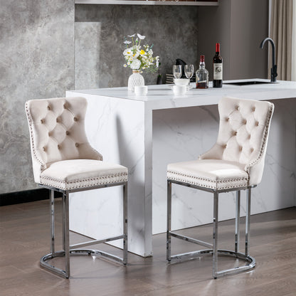 Set of 2 Upholstered Tufted Velvet Armless Bar Stools with Chrome Base Legs- Beige