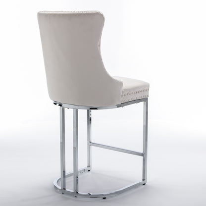 Set of 2 Upholstered Tufted Velvet Armless Bar Stools with Chrome Base Legs- Beige