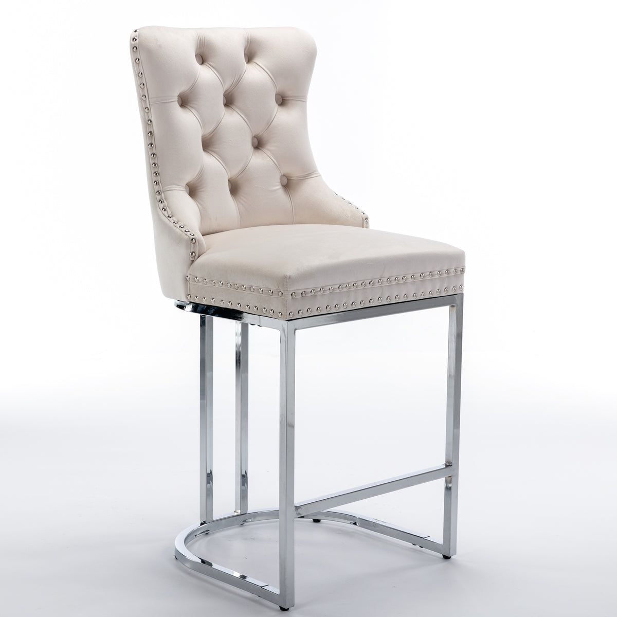 Set of 2 Upholstered Tufted Velvet Armless Bar Stools with Chrome Base Legs- Beige