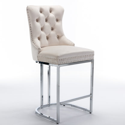 Set of 2 Upholstered Tufted Velvet Armless Bar Stools with Chrome Base Legs- Beige