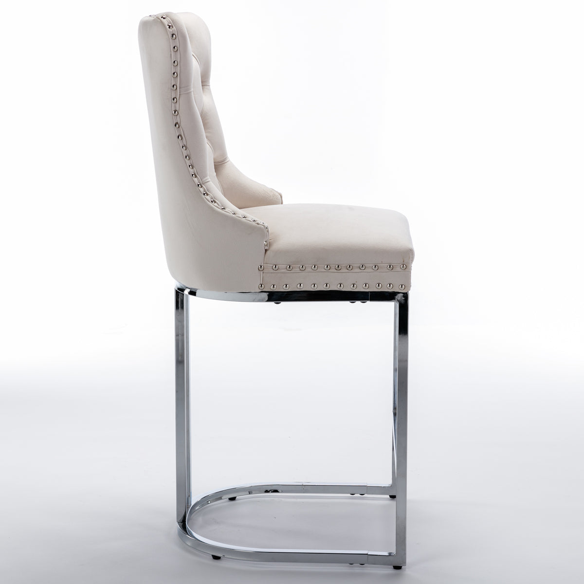 Set of 2 Upholstered Tufted Velvet Armless Bar Stools with Chrome Base Legs- Beige