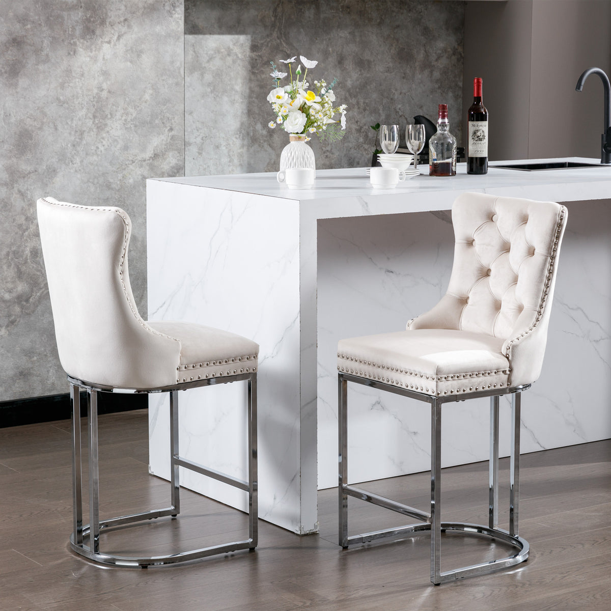 Set of 2 Upholstered Tufted Velvet Armless Bar Stools with Chrome Base Legs- Beige
