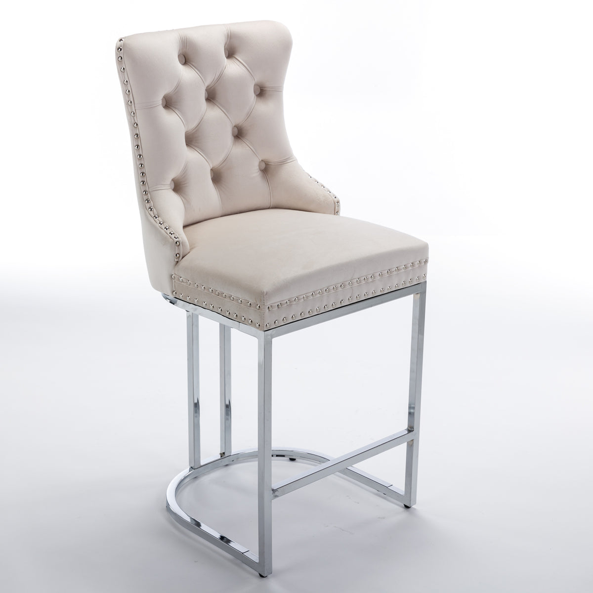 Set of 2 Upholstered Tufted Velvet Armless Bar Stools with Chrome Base Legs- Beige