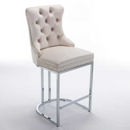 Set of 2 Upholstered Tufted Velvet Armless Bar Stools with Chrome Base Legs- Beige