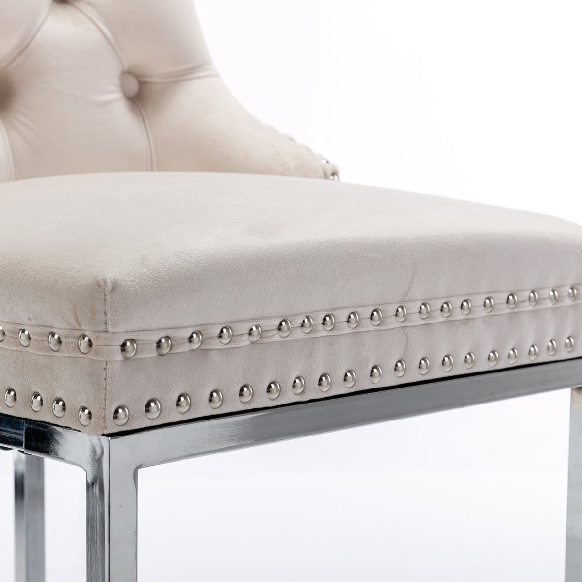 Set of 2 Upholstered Tufted Velvet Armless Bar Stools with Chrome Base Legs- Beige