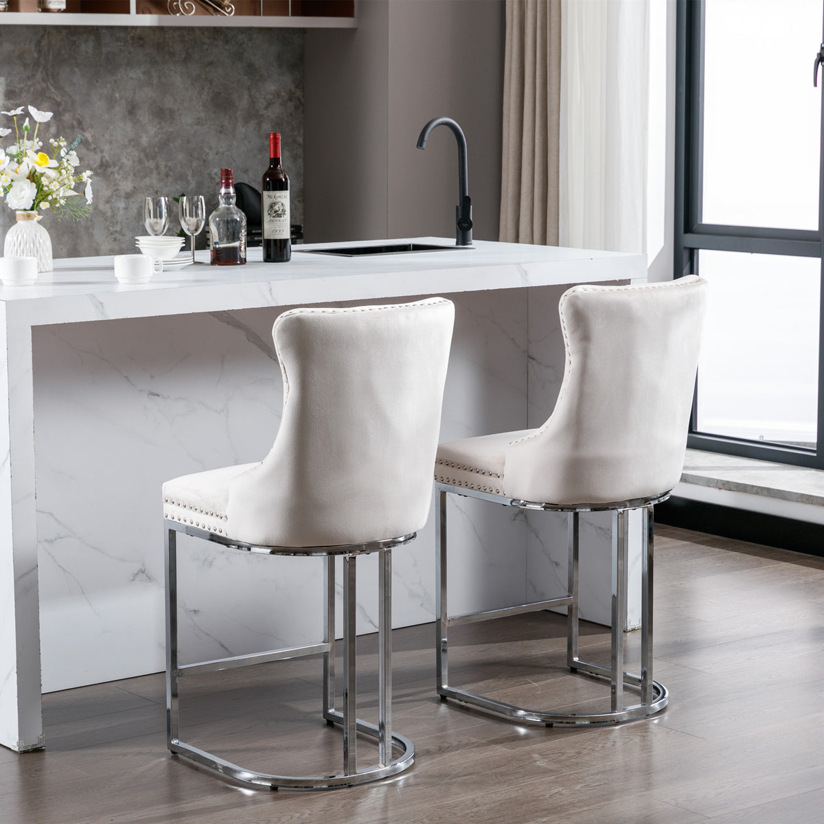 Set of 2 Upholstered Tufted Velvet Armless Bar Stools with Chrome Base Legs- Beige