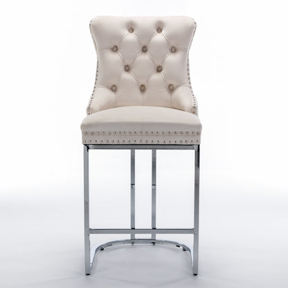Set of 2 Upholstered Tufted Velvet Armless Bar Stools with Chrome Base Legs- Beige