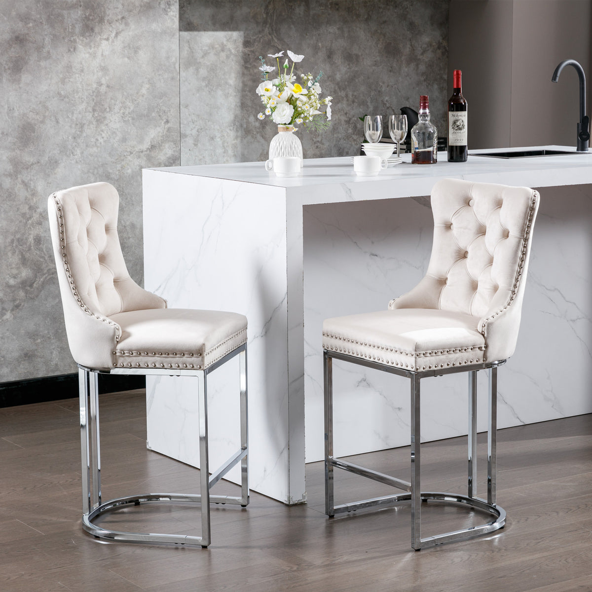 Set of 2 Upholstered Tufted Velvet Armless Bar Stools with Chrome Base Legs- Beige