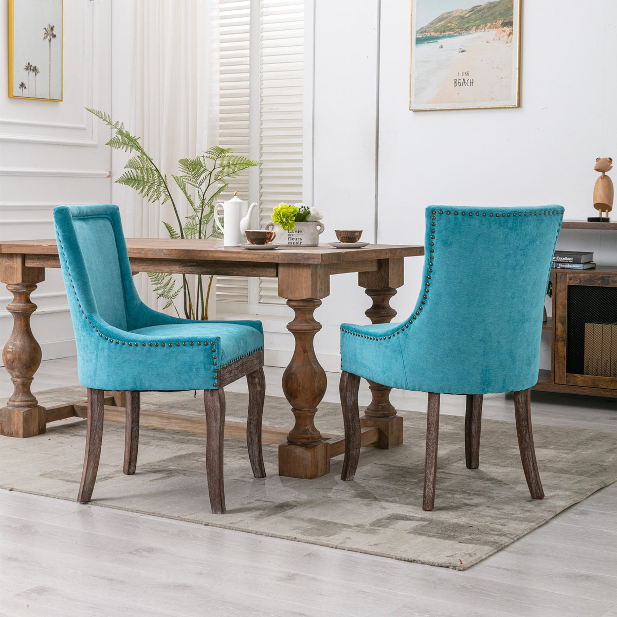Mid-Century Modern Dining Accent Chair Set of 2 with Nailhead Trim- Blue