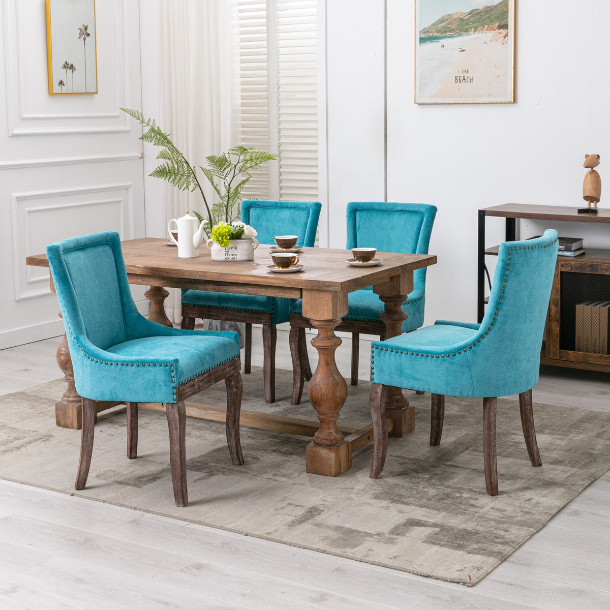 Mid-Century Modern Dining Accent Chair Set of 2 with Nailhead Trim- Blue