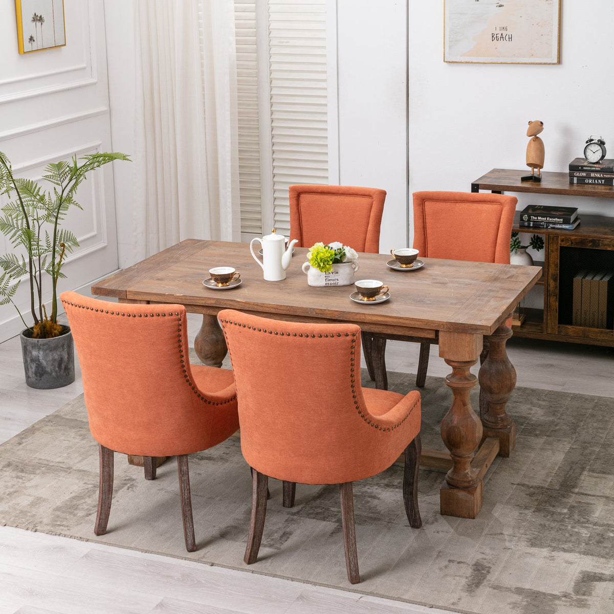 Mid-Century Modern Dining Accent Chair Set of 2 with Nailhead Trim- Orange