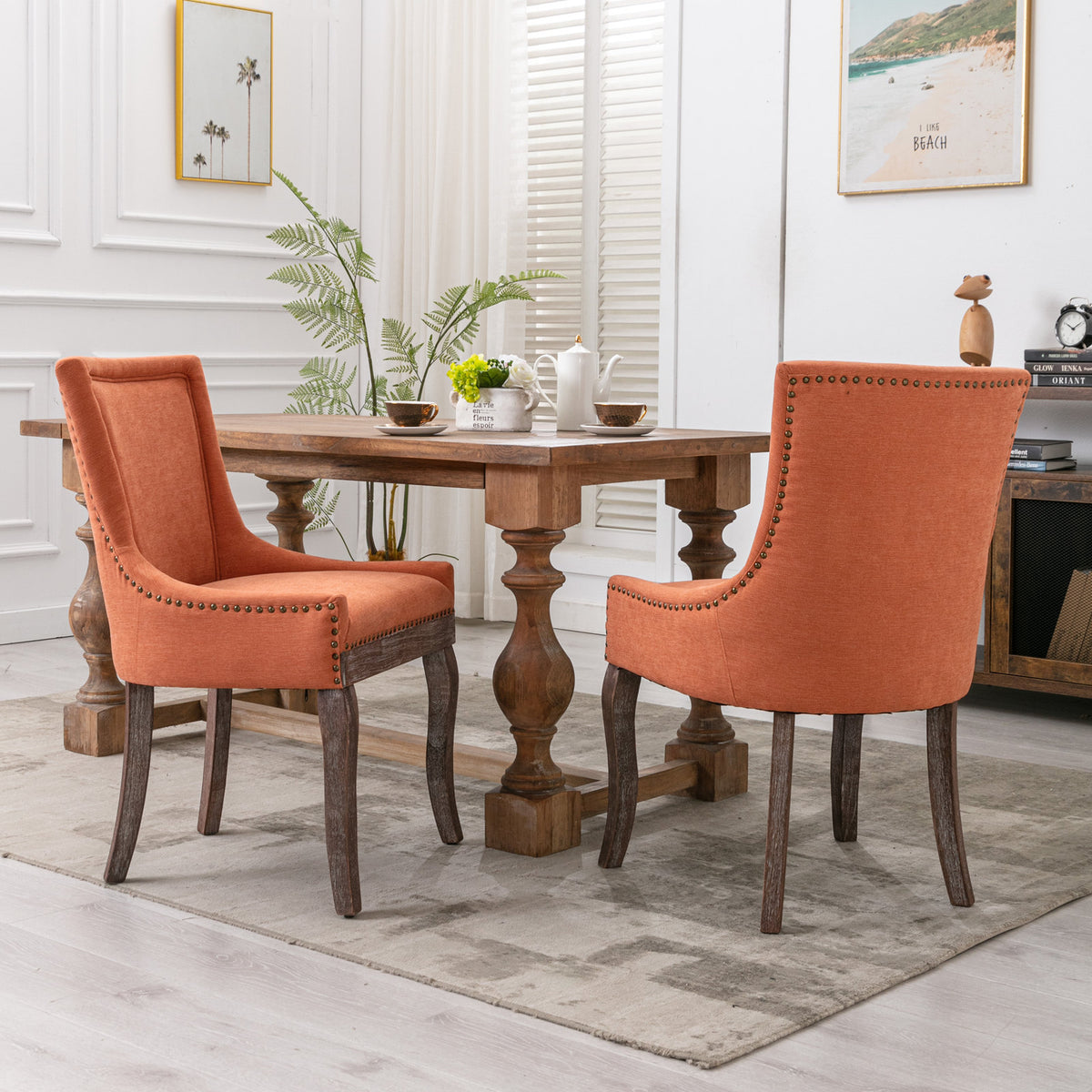 Mid-Century Modern Dining Accent Chair Set of 2 with Nailhead Trim- Orange