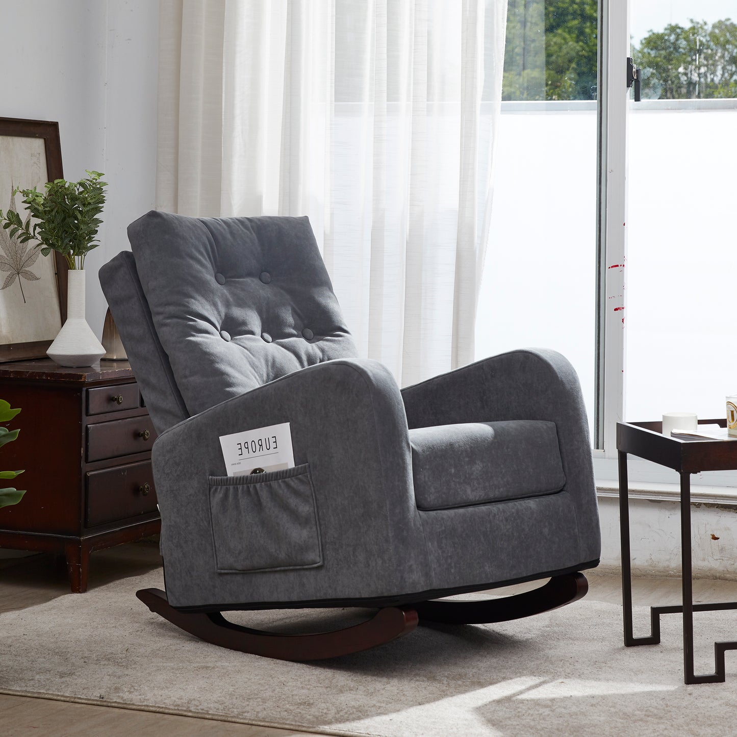 Living Room Chair Lazy Recliner Comfortable Fabric High Back Armchair- Antique Gray