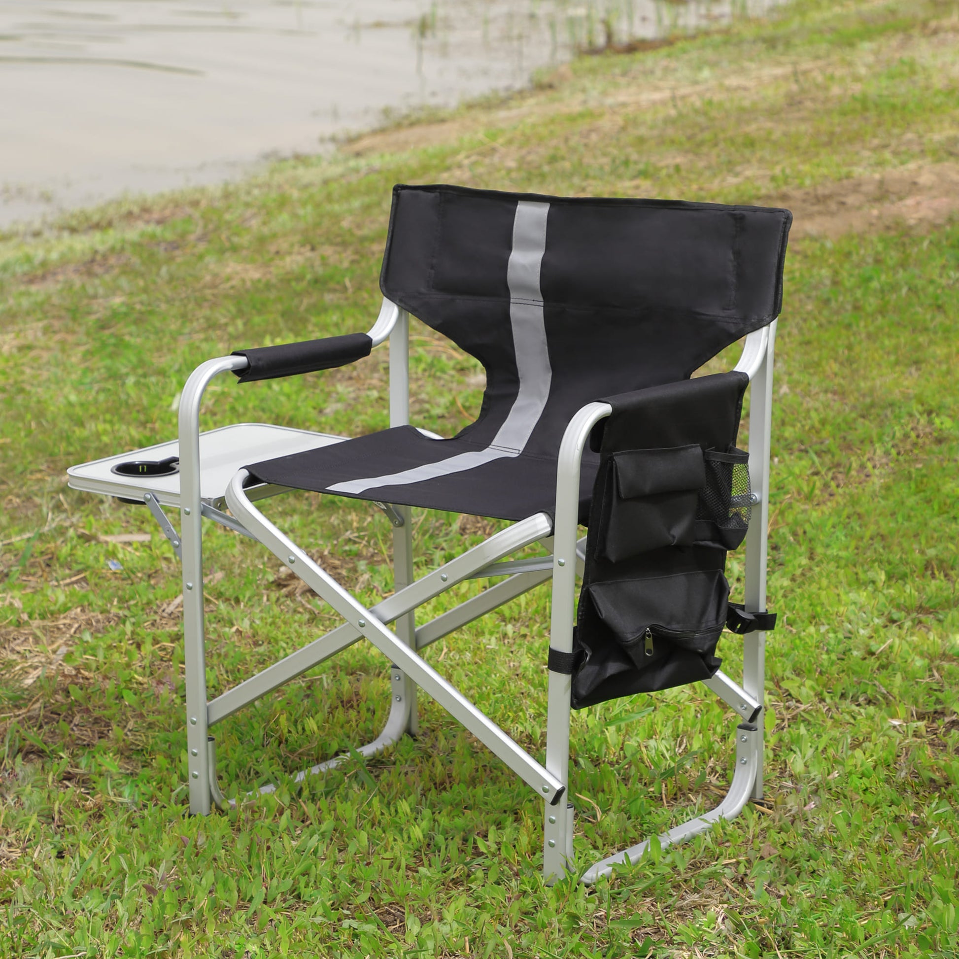 Padded Folding Indoor and Outdoor Chair with Side Table and Storage Pockets