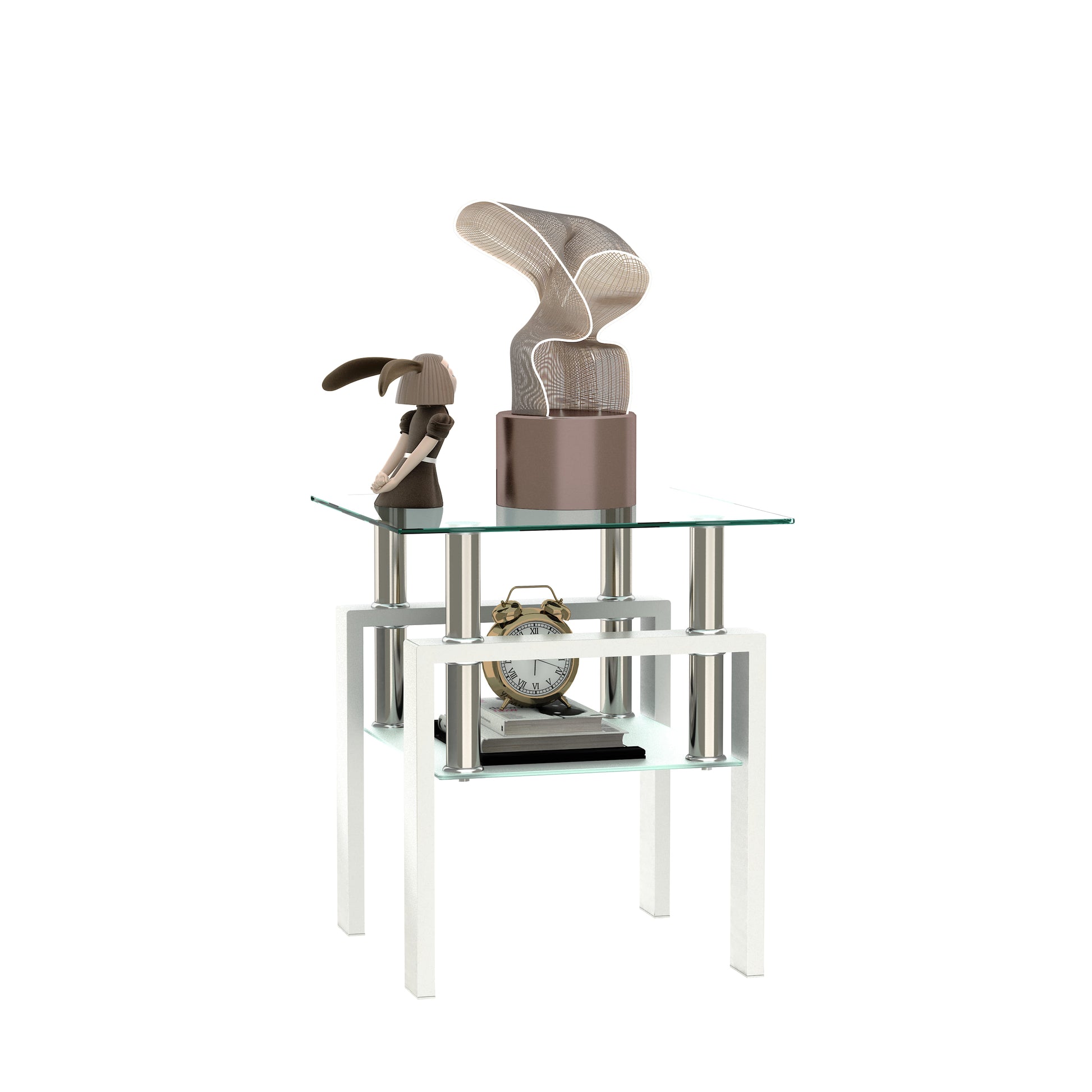 Tempered Glass Bedside Corner Coffee Table Contemporary End Table in White