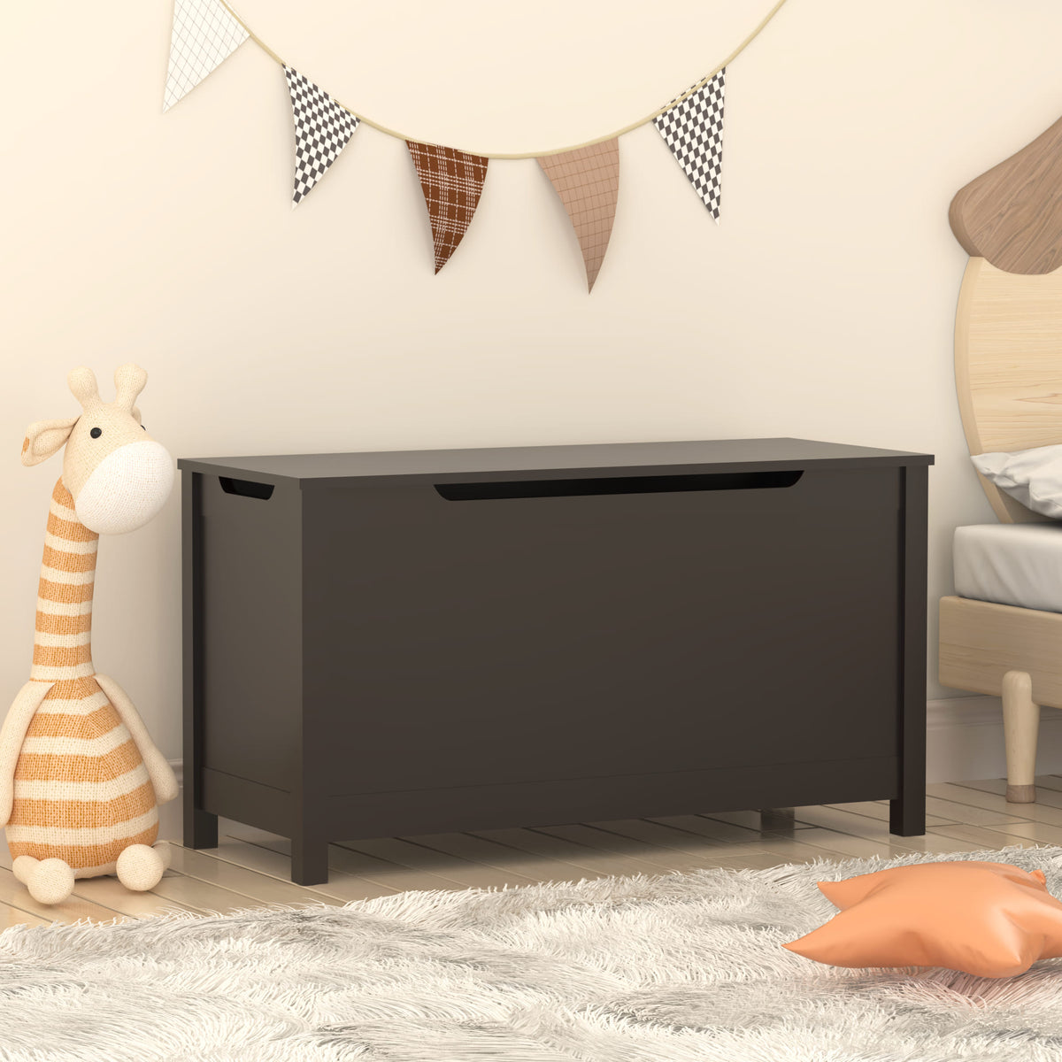 Kids Wooden Toy Box Storage with Safety Hinged Lid for Ages 3+ -Dark Brown