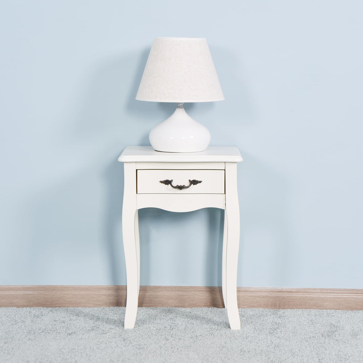 Modern and Elegant Floor Standing Bedside Table with Curved Legs and Drawer- White