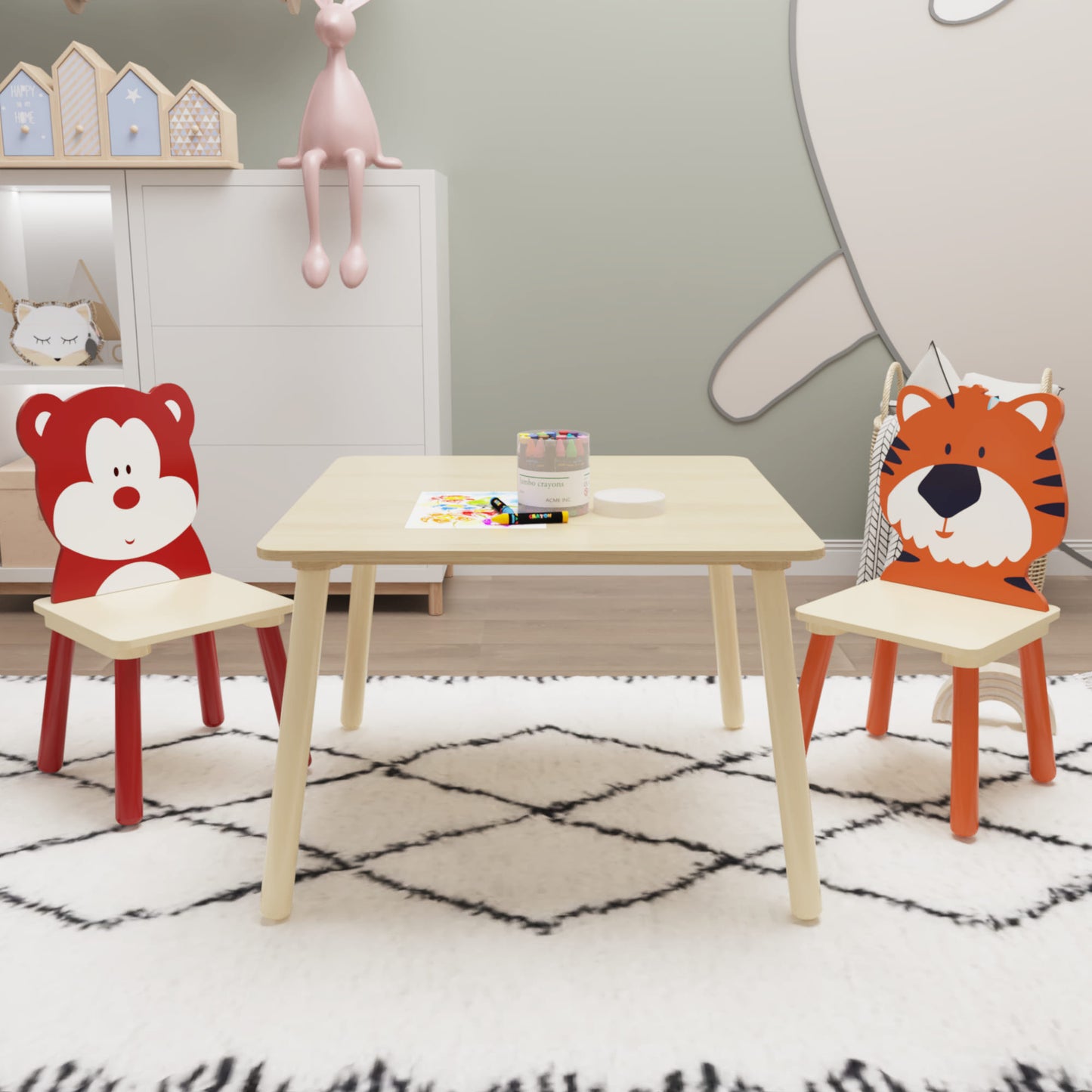 Animal Designed Kid’s Wooden Table with 2 Chair Set Activity Play Table Set (Bear, Tiger)