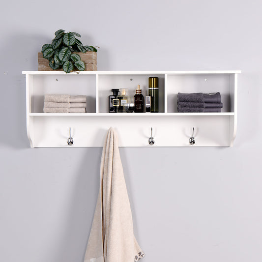 Entryway Wall Mounted Coat Rack with 4 Dual Hooks Wooden Shelf- White