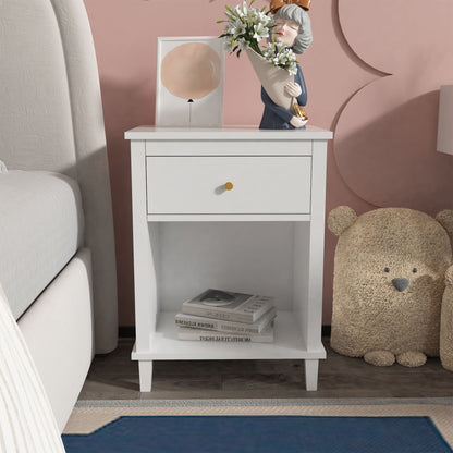 Wooden Nightstand with One Drawer and Open Shelf for Bedroom- White