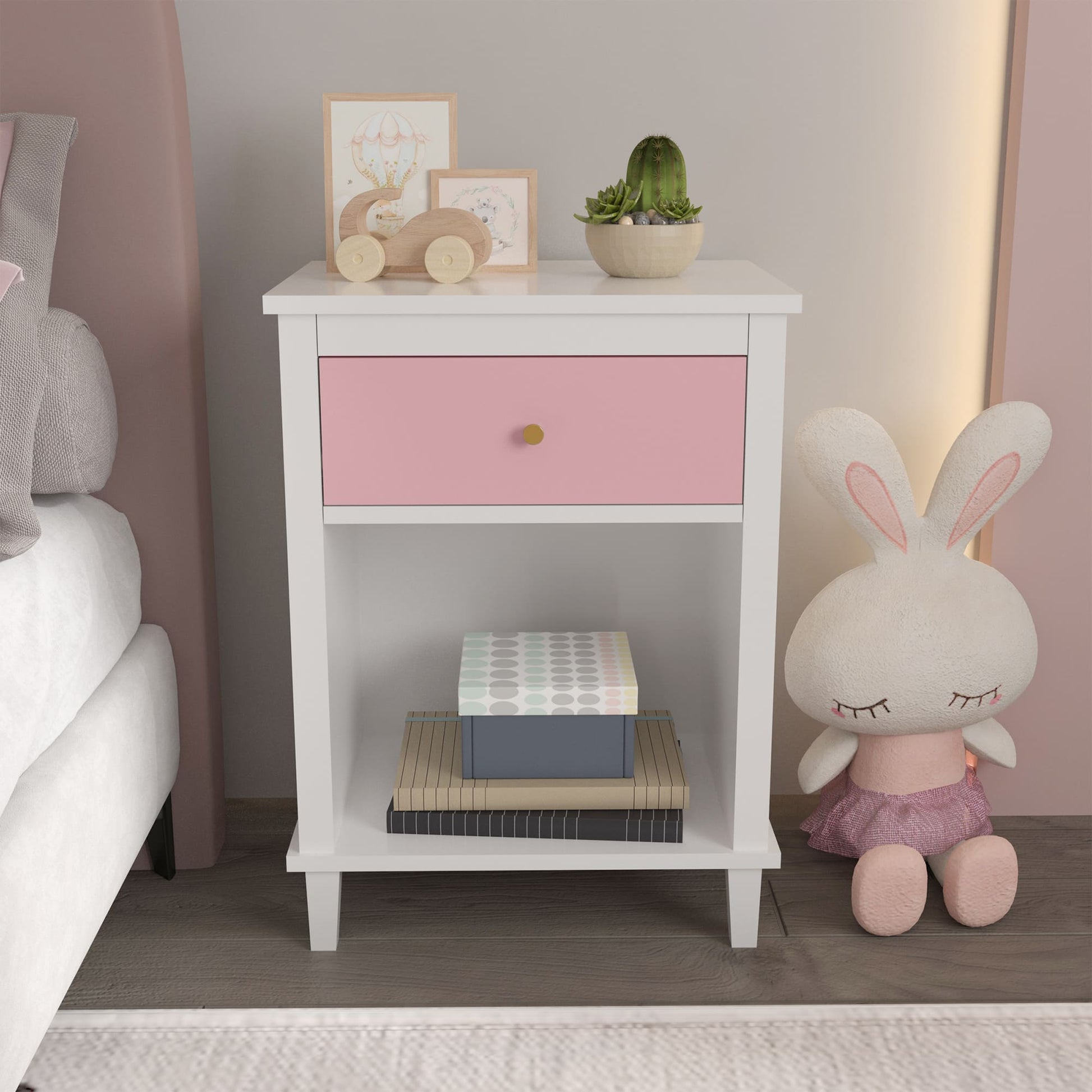 Wooden Nightstand with One Drawer and Open Shelf for Bedroom- White+Pink