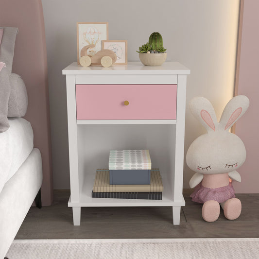 Wooden Nightstand with One Drawer and Open Shelf for Bedroom- White+Pink