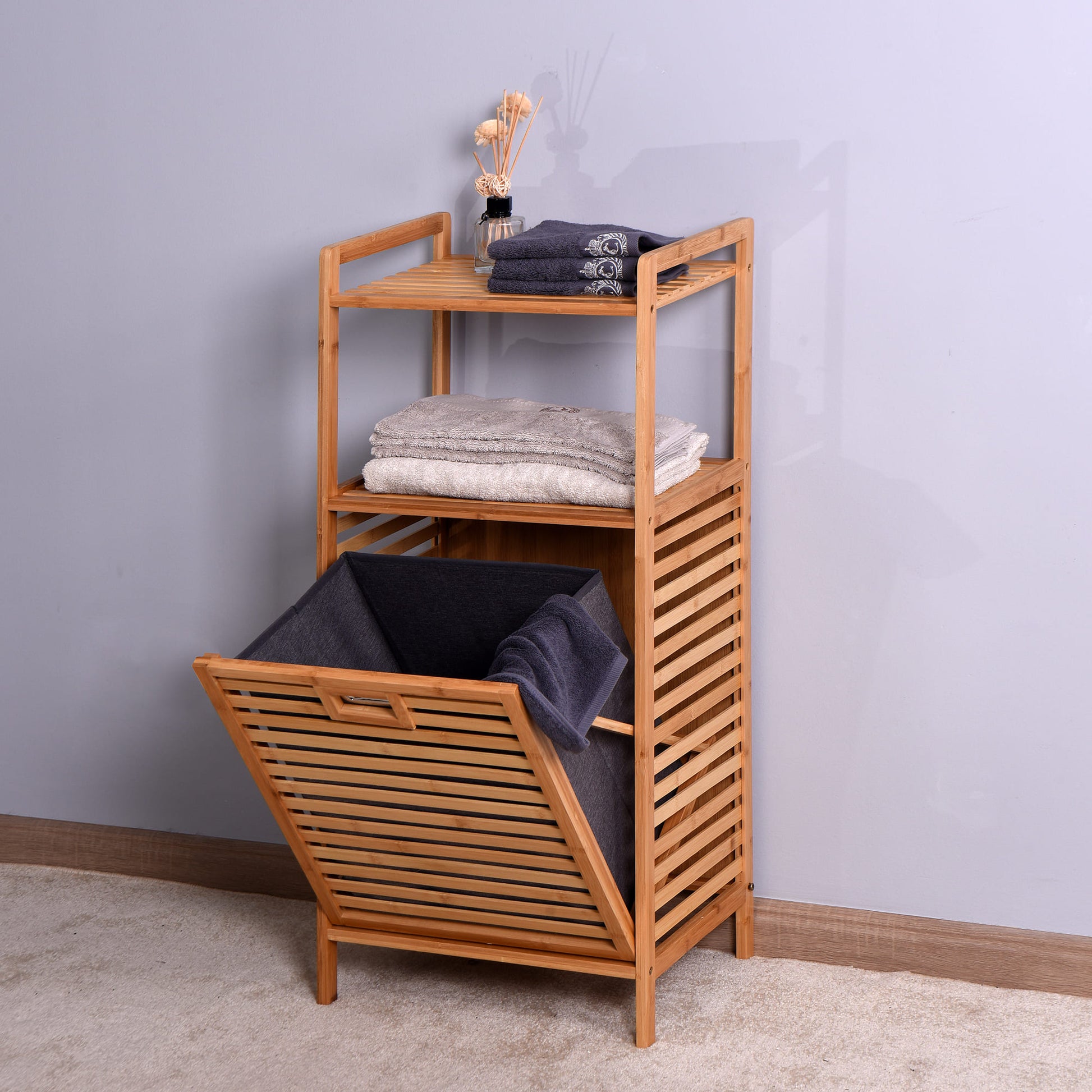 Natural Wooden Organizer  Bamboo Laundry Storage Basket with 2 Tier Shelf