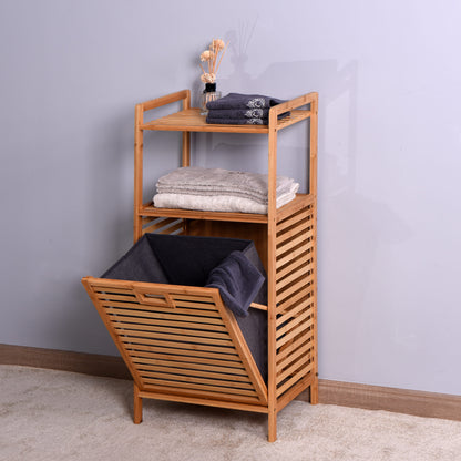 Natural Wooden Organizer  Bamboo Laundry Storage Basket with 2 Tier Shelf