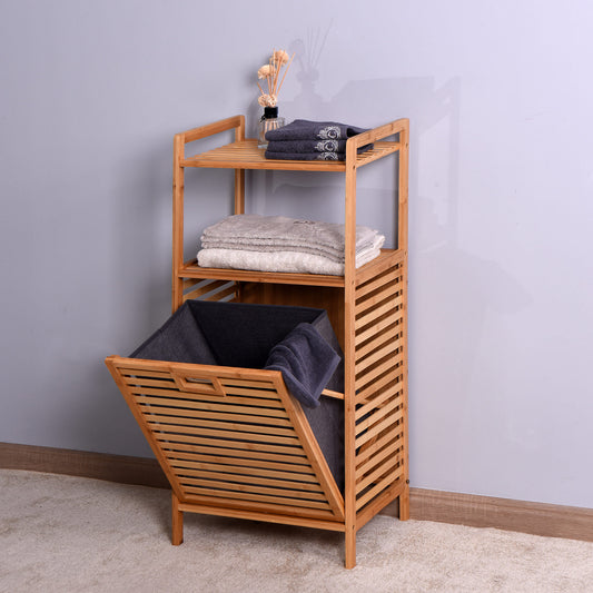Natural Wooden Organizer  Bamboo Laundry Storage Basket with 2 Tier Shelf