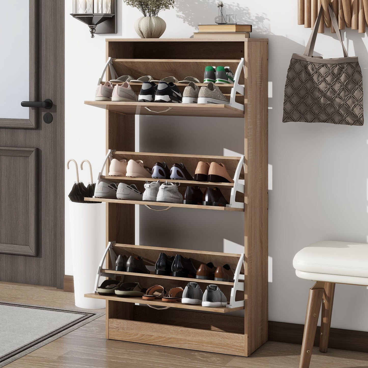 3 Layers Entryway Free Standing Wooden Shoe Rack Storage Organizer