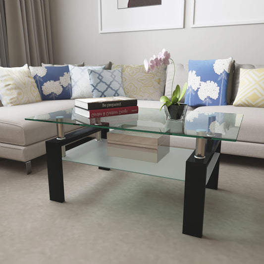 Rectangular Double Layer Living Room Glass Coffee Table with Metal Legs- Clear Glass+Black