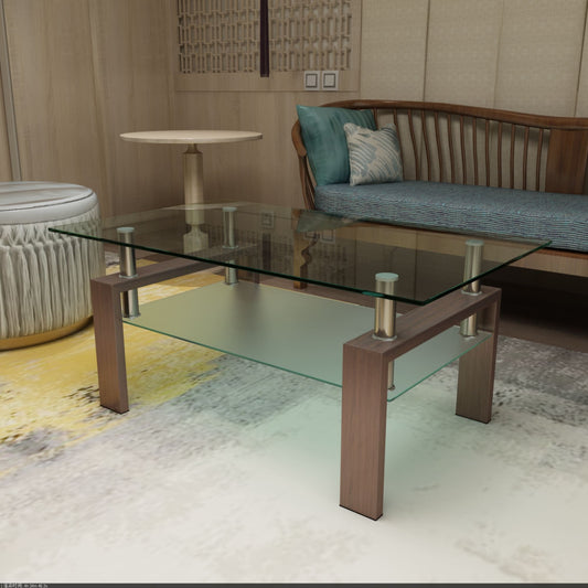 Rectangular Double Layer Tempered Glass Coffee Table with Metal Legs- Clear Glass+Walnut
