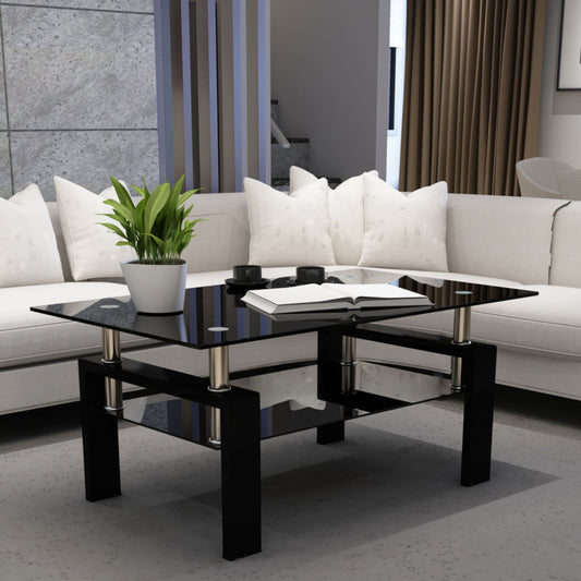 Rectangular Double Layer Tempered Glass Coffee Table with Metal Legs- Black Glass+Black