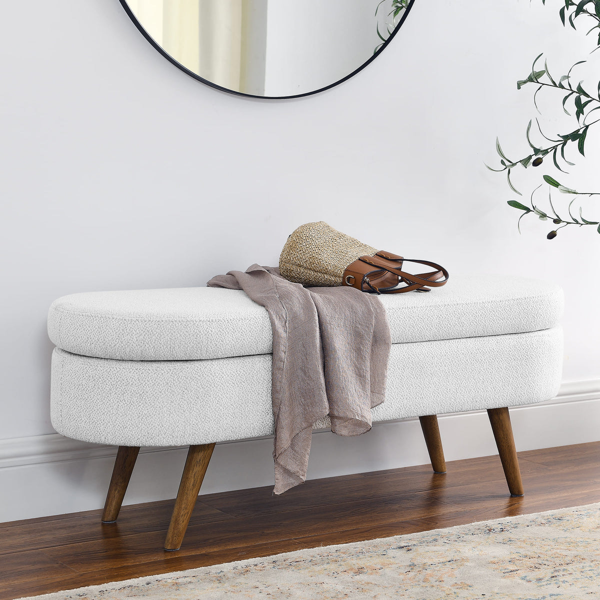 Oval Shaped Ottoman Linen Storage Bench with Wooden Legs- White