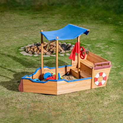 Wooden Sand Pit Sandbox Pirate Ship Sandboat Play Station with Canopy
