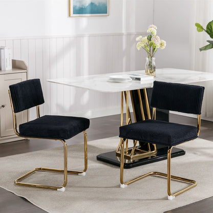 Set of 2 Modern Dining Chairs in Corduroy Fabric with Gold Metal Base- Black