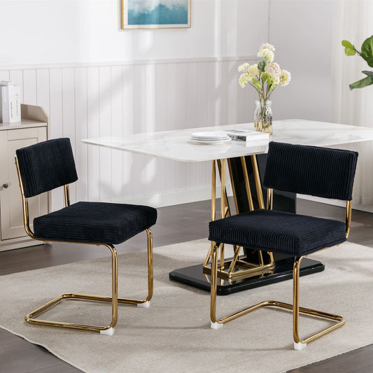Set of 2 Modern Dining Chairs in Corduroy Fabric with Gold Metal Base- Black