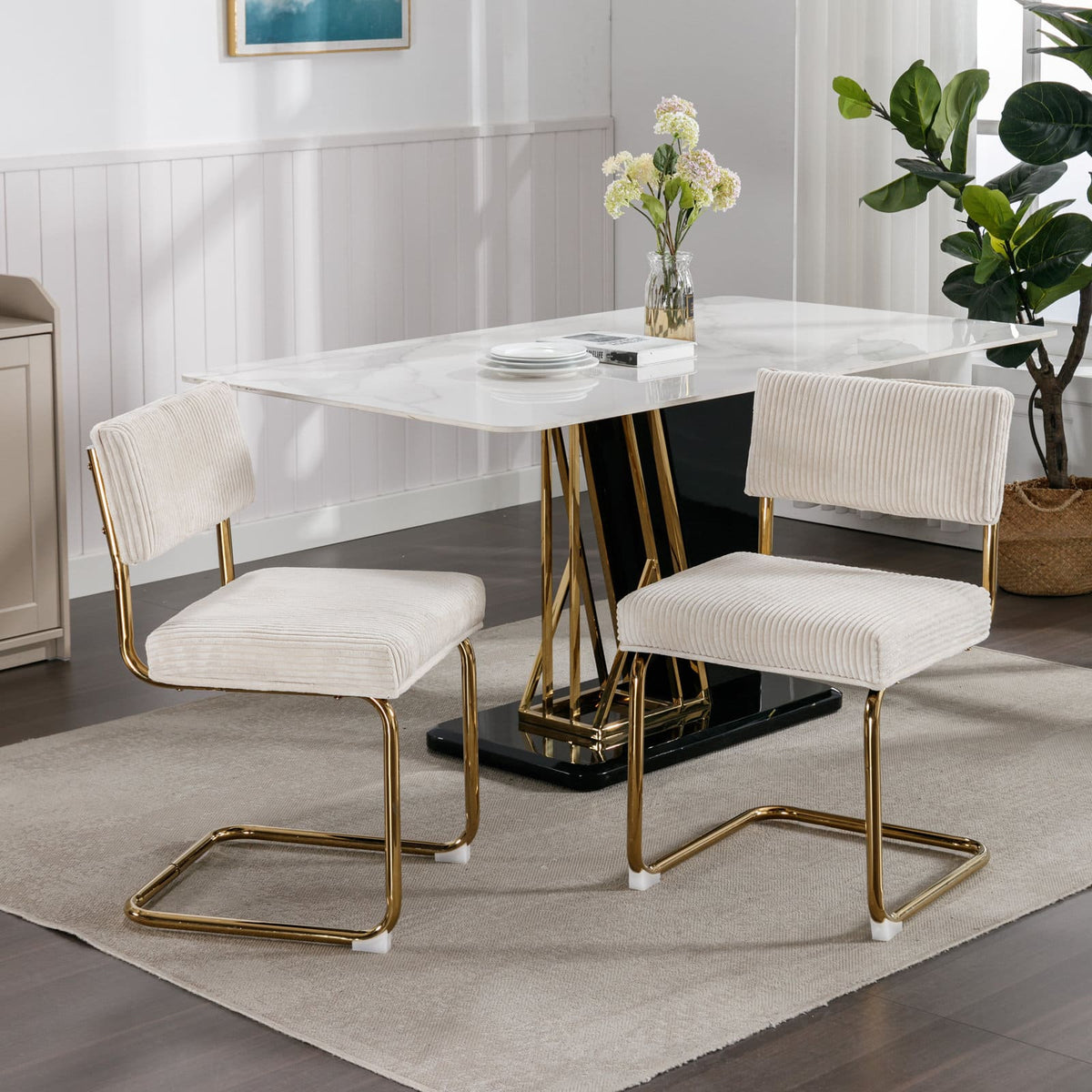 Set of 2 Modern Dining Chairs in Corduroy Fabric with Gold Metal Base- Beige