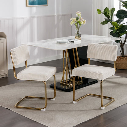 Set of 2 Modern Dining Chairs in Corduroy Fabric with Gold Metal Base- Beige