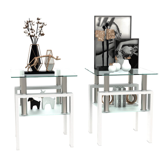 2 pcs Modern Design Coffee Table Tempered Glass End Table Night Stand- Transparent/White